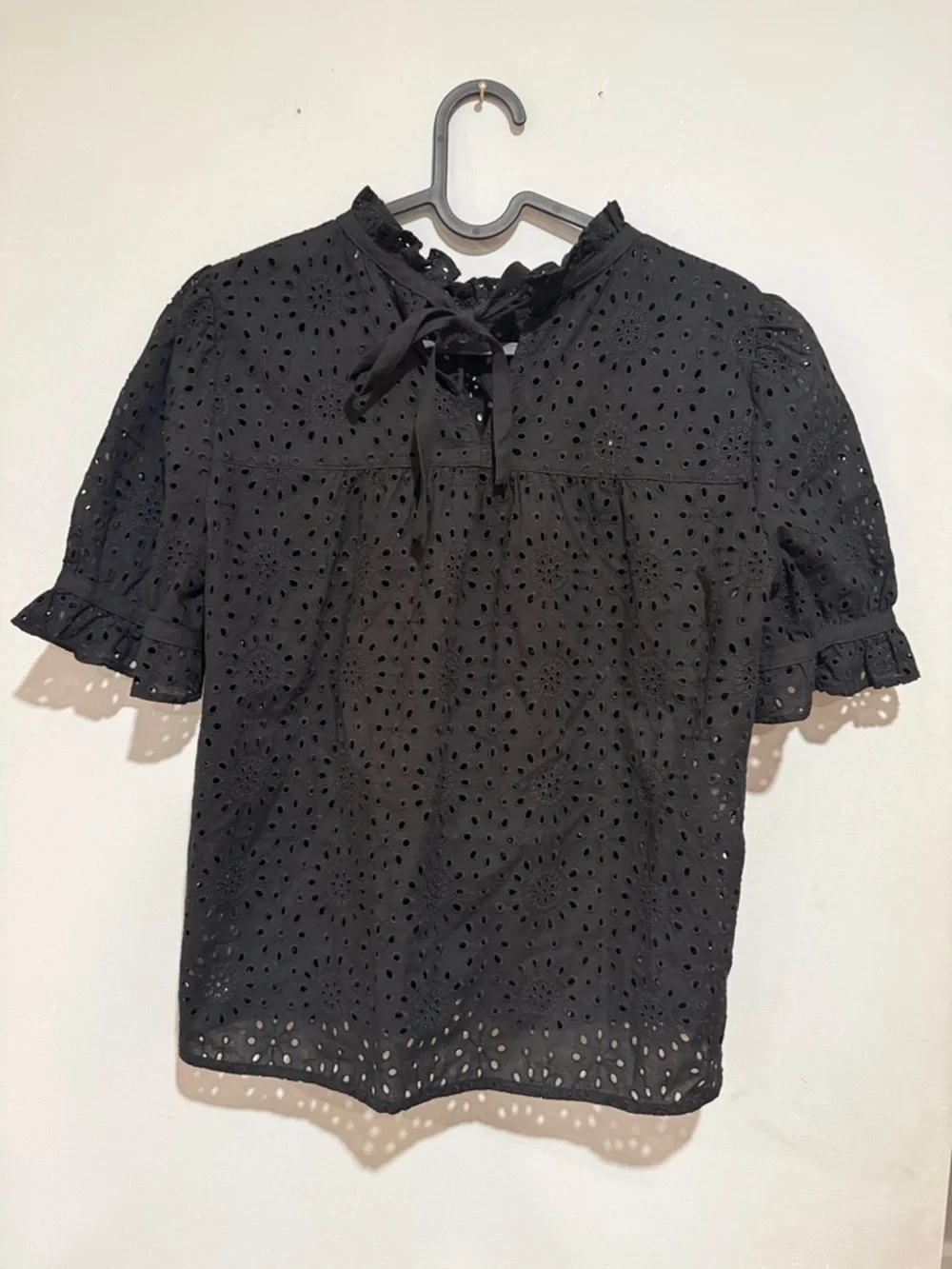 Madewell Black Eyelet Ruffle-Neck Puff Sleeve Top